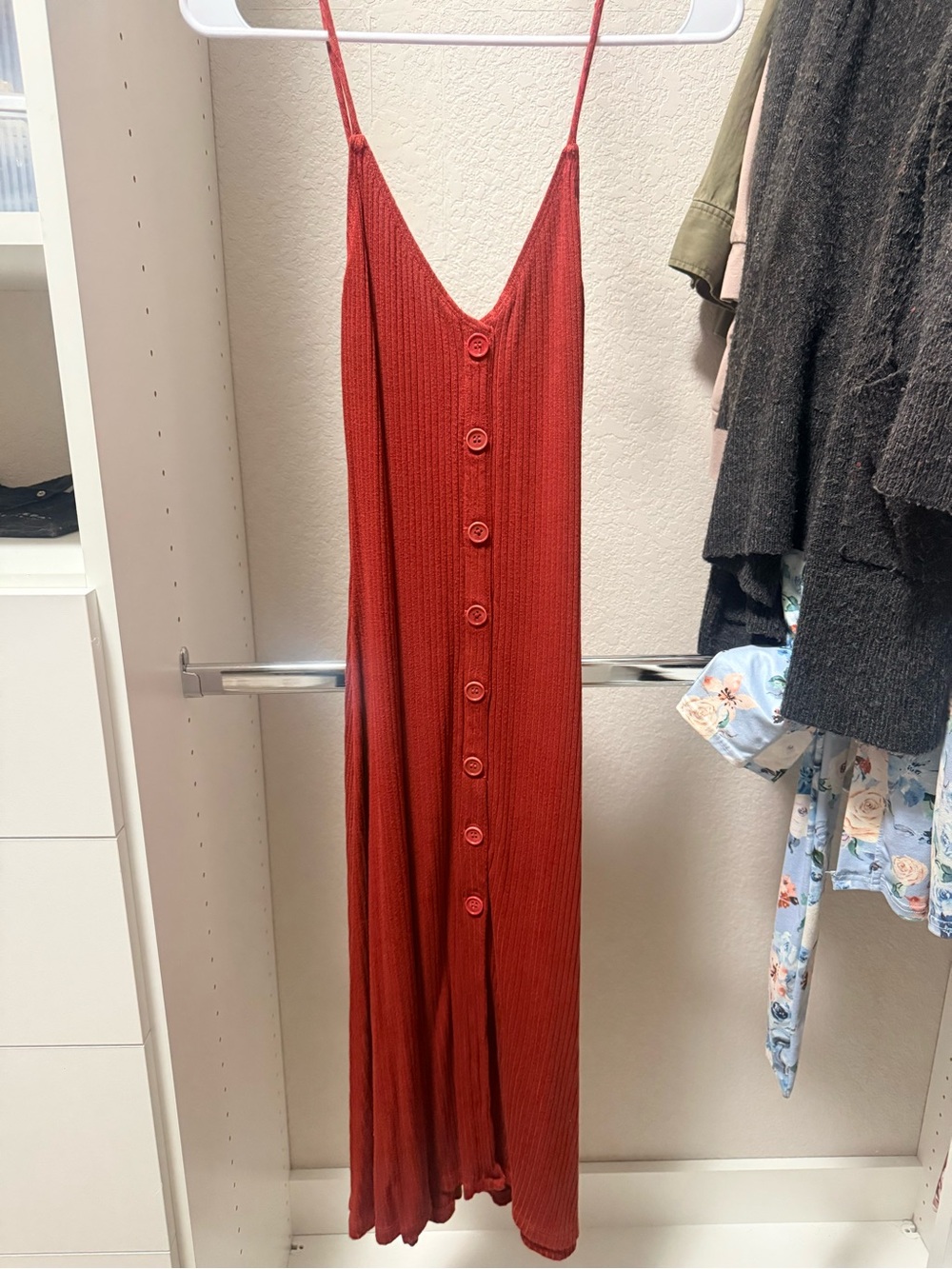 Reformation Rust-Red Ribbed Button-Front Midi Dress